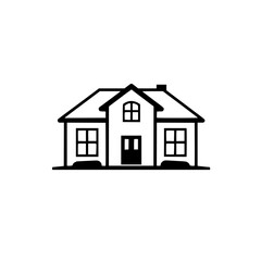 Simple, Minimalist Black and White Icon of a Classic House, Complete with Windows, Doors, Roof, and Chimney, Set Against a Plain White Background.