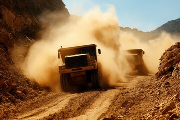 Two large trucks navigate a dusty road in a mountainous area, kicking up clouds of dust in their wake.