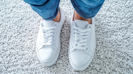 White Sneakers on Soft White Carpet, showcasing a minimalist aesthetic, perfect for lifestyle and fashion themes, emphasizing clean design and comfort