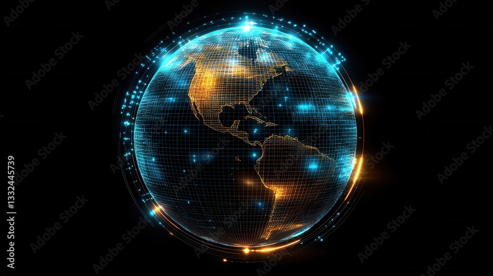 Poster a futuristic glowing wireframe sphere with a grid of blue points representing a global digital netwo