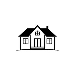 Fototapeta premium Simple Black and White Illustrated House, Front View, with Gable Roof, Chimney, Windows and Doors on a White Background.