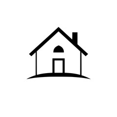 Simple black and white house icon with a small arched window and a rectangular door, set on a curved base.