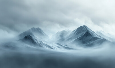 Fototapeta premium Misty mountains shrouded in gray clouds create serene landscape