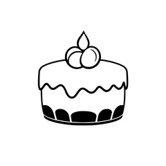 A simplified black and white line art illustration of a round cake with a wavy frosting edge, topped with three rounded decorations and a tear-drop shape.