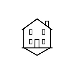 Minimalist Black Line Art of a Two-Story House with a Chimney, Door, Windows, and Inverted Base on White Background.