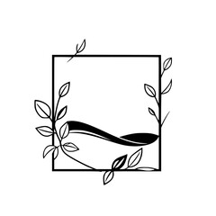 Black and white minimalist logo design: Square frame with flowing ribbon and delicate leaves.