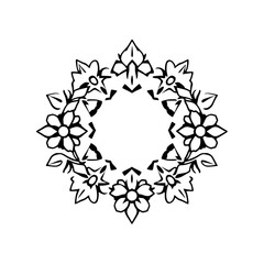 An elegant, symmetrical black and white floral design with detailed outlines, forming a circular arrangement.