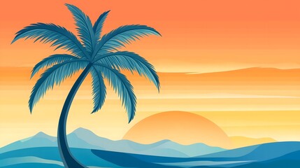 Fototapeta premium Tropical Sunset Illustration Palm Tree Silhouette, Ocean Waves & Orange Sky, Summer Vacation Background.