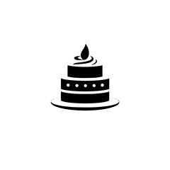 Simple, minimalist black and white logo of a two-tiered cake with a single, stylized flame on top, presented on a plate.