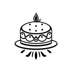 Decorative Black and White Vector Cake with a Candle, Featuring Intricate Border Details and Festive Embellishments on a Plate.
