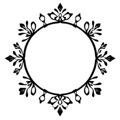 Ornate Circular Black and White Vector Frame with Floral and Geometric Embellishments on a White Background