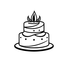 Two-Tiered Celebration Cake Illustration Featuring Leaf-Like Decoration and Dotted Details, Black and White Minimalist Design.