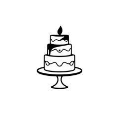 Minimalist three-tiered cake with a candle on a pedestal, black line art illustration on white background.