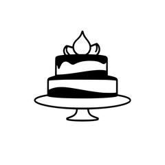 Minimalist Black and White Cake Illustration: A Two-Tiered Dessert on a Pedestal Plate, Decorated with a Creamy Topping and a Decorative Element.