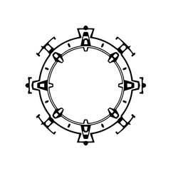 Geometric, stylized circular design with interconnected elements, bold black linework, futuristic aesthetic, symmetrical composition, and a clean, minimalist appeal.
