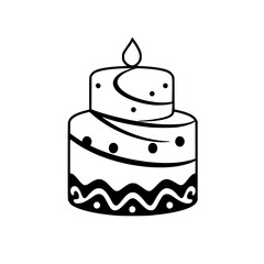 A two-tiered, minimalist black and white illustration of a birthday cake with a candle flame, decorated with simple lines and dots.