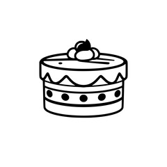 Monochrome illustration of a layered, round cake with a decorative top, simple design, isolated on white background.