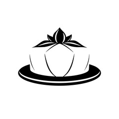 Minimalist Black and White Illustration of a Floral-Topped Cake on a Gray Plate, Clean Design, Isolated.