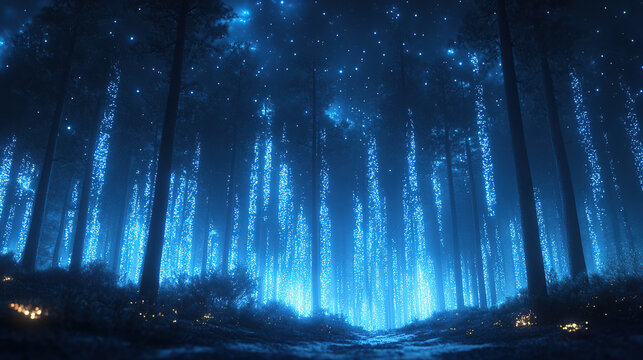 Fractal glowing trees in dark blue forest, holographic data flow effect, quantum technology theme, ultra wide 16:9 background