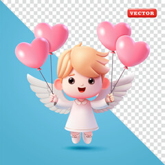 Cute angel child carrying heart balloon, 3d vector. Suitable for events, advertising, valentine and love