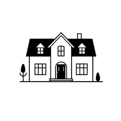 Minimalist Black and White Illustration of a Classic Two-Story House with Trees, Windows, and a Chimney.