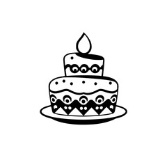 Stylized Two-Tiered Cake with Candle: Black and White Minimalist Design on a Plate, Decorative Patterns, Celebration Concept.