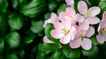 Fototapeta premium Delicate pink blossoms surrounded by lush green leaves create serene atmosphere