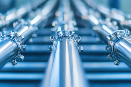 A close-up view of metallic pipes arranged in parallel, showcasing their shiny surface and connecting fittings, emphasizing industrial design.