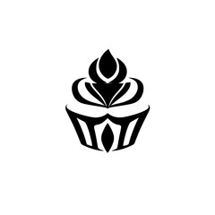 Abstract Black and White Cupcake Logo Design with Floral-Inspired Decorations on White Background, Minimalist Aesthetic.