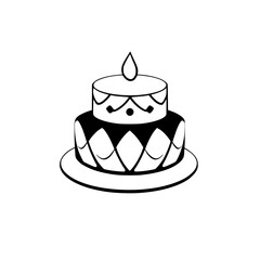 Two-Tiered Cake Illustration with Diamond Pattern and Droplet Candle on Top, Isolated on White Background