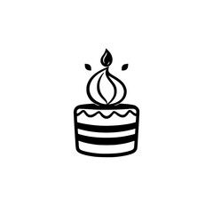 Minimalist black and white illustration of a birthday cake with a candle flame and leaf accents, set against a pure white background.