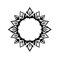 Minimalist Black and White Floral Mandala Design with Circular Center and Leaf-Like Petals, Isolated on White