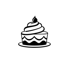 Simple Black and White Illustration of a Swirled Iced Cake on a Plate with a Topping, Minimalist Design.