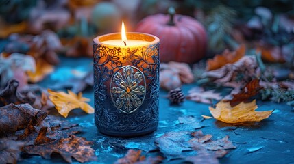 Autumn equinox ritual featuring a candle, amulet, and leaves