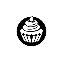 Simplified Black and White Cupcake Icon Inside a Black Circle, Celebrating Sweetness and Deliciousness.