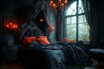 An ornate bedroom with cobwebbed chandeliers, a large bed with a torn canopy, and glowing eyes visible under the bed
