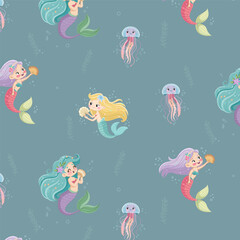 funny mermaids with jellyfish pattern seamless