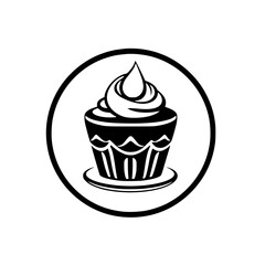 Stylized Black and White Vector Illustration of a Cupcake with Swirled Frosting in a Circular Frame, Dessert Logo