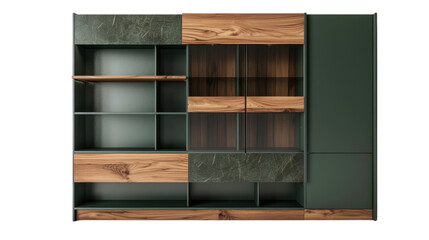 Modern empty bookcase with wooden and marble details on transparent background