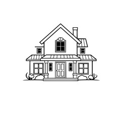 Simple, clean black-and-white line art illustration of a classic American two-story house with a porch, windows, and chimney against a white background.