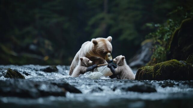 Grizzly bears playing with fish in a mountain river