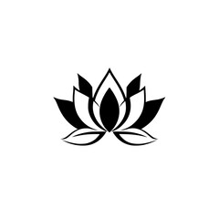 Symmetrical black and white stylized lotus blossom on a pristine white background, minimalist design.