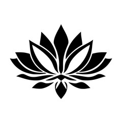 Symmetrical, graphic depiction of a lotus flower in bold black silhouette on a white background.