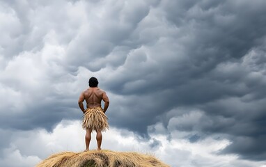 Strength Against the Storm: A powerful figure stands resolute atop a hill, silhouetted against a dramatic, stormy sky, embodying resilience and strength in the face of adversity.