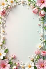 Intricate white flower border on a soft spring background , petals, spring flowers