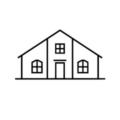 Minimalist Black Outline Illustration of a Gable-Roofed House with Windows, Door, and Simple Design on White.