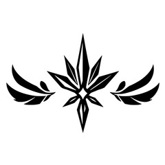 Black and white symmetrical design featuring stylized diamond/crystal shape with wings flanking the sides.