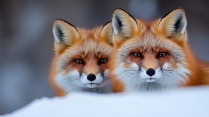 Obraz premium Two red foxes resting in the snow together.