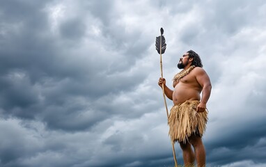 Warrior Under a Stormy Sky: A muscular warrior, adorned in traditional attire, stands resolute beneath a dramatic, clouded sky. His gaze is upward as he holds his weapon high.