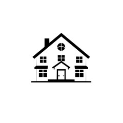 Simple Black and White Silhouette of a Classic American House with a Gable Roof, Windows, Door, and Chimney on a White Background.